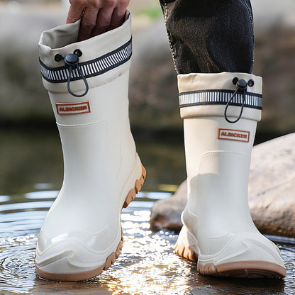 Unisex Mid-Calf Rubber Rain Boots with Drawstring Closure