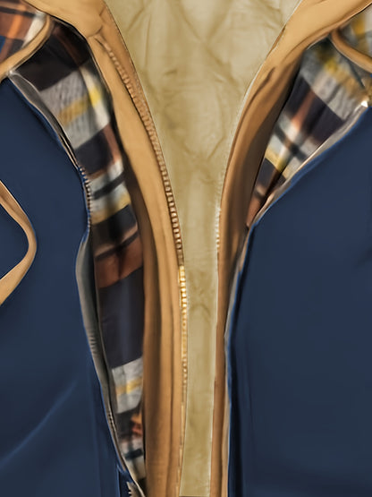 Men'S Warm Fleece-Lined Hooded Jacket with Plaid Details - Casual Winter Coat for Outdoor Activities, Zip-Up, Regular Fit, Polyester Lined, Functional Pockets, Windproof & Warm, Functional Winter Jacket | Stylish Men'S Jacket