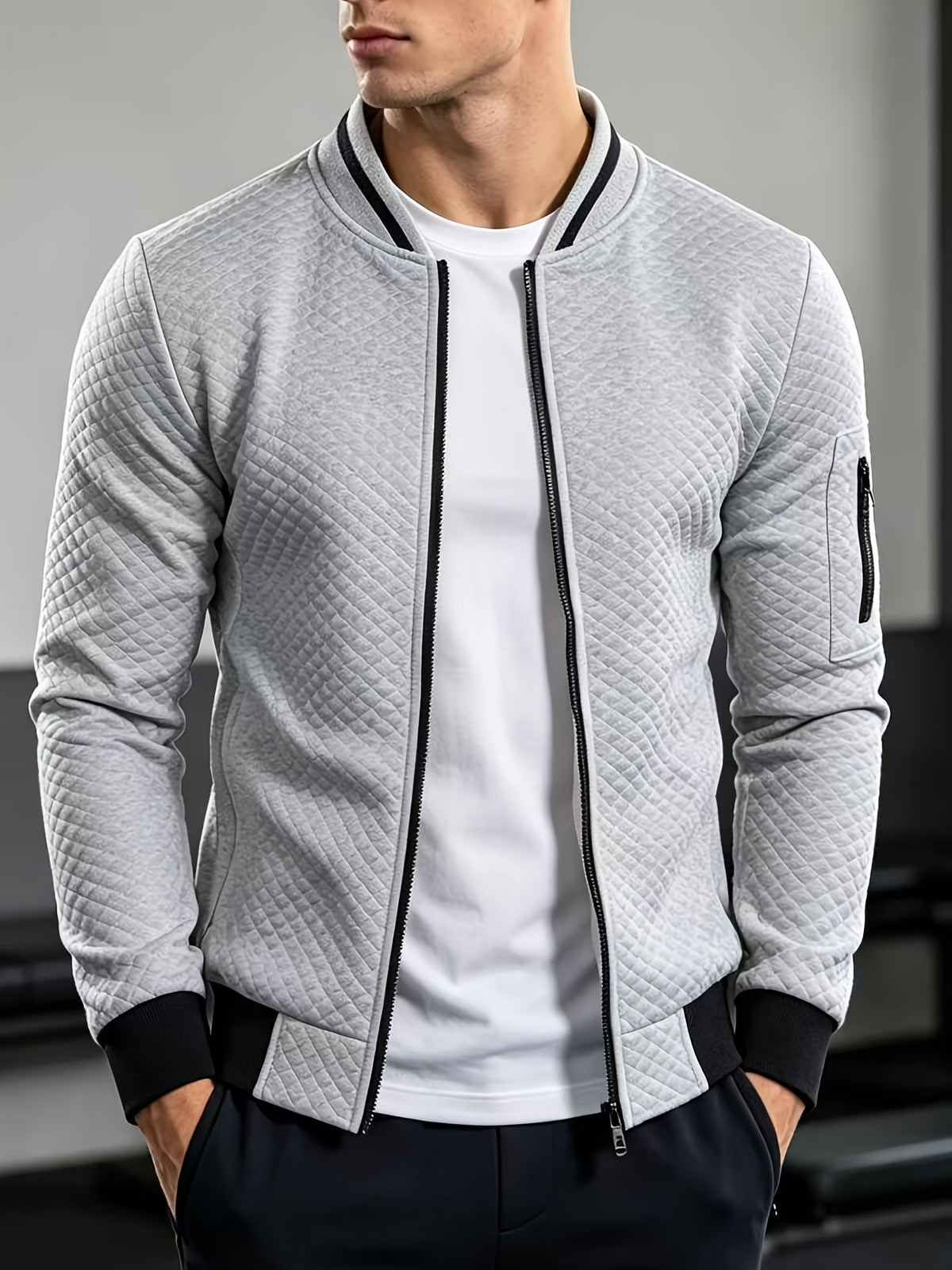 Men's Quilted Baseball Jacket with Stand Collar for Spring/Fall
