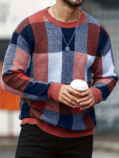 Men'S Casual Plaid Crew Neck Knit Sweater | Loose Fit, Long Sleeve, Fashionable Color Block Design, Suitable for Fall/Winter