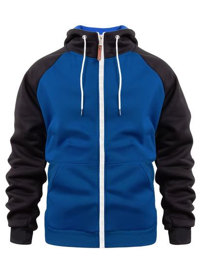 Տղամարդու ոճային գունային բլոկներով վերնաշապիկ՝ առօրյա, կայծակաճարմանդով և գլխարկով սվիտեր՝ առջևի գրպաններով, երկար թևքերով և երիզներով՝ շագանակագույն և սև դիզայնով, հարմարավետ աշնանային և ձմեռային հագուստի համար։