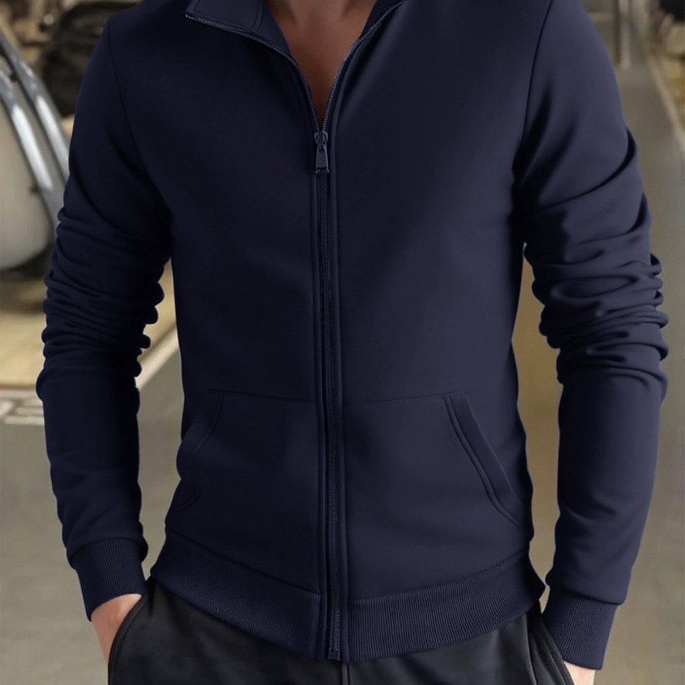 Men's Solid Color Green Full-Zip Stand Collar Jacket - Lightweight Workwear Coat with Zippered Pockets, Machine Washable, Regular Fit for Gym, Hiking, Casual & Outdoor Activities - Versatile All-Season Outerwear