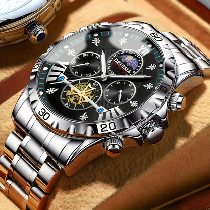 Elegant Men's Stainless Steel Sports Watch with Rhinestone Accents, 24-Hour/Calendar/Stopwatch Functions - Perfect for Halloween, Thanksgiving, Father's Day - ayq