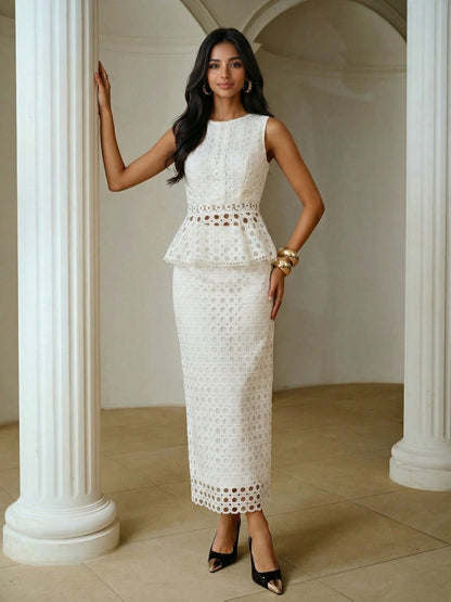 Elegant French Lace Camisole & Midi Skirt Set for Women