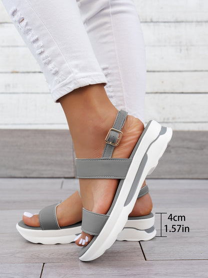 Mhysa Women's Comfortable Open-Toe Platform Sandals with Thick Sole & Golden Buckle Strap - Summer Casual White PU Cover Ankle Strap Sandals for Casual Attire, Ladies Sandals