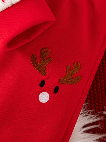 Տղաների համար նախատեսված ամանորյա, ասեղնագործված, սովորական չափսի, գլխարկով, երկար թևքերով, բրդյա բաճկոնով և տաբատով հագուստ՝ աշուն/ձմեռ, իդեալական է բացօթյա օգտագործման համար։