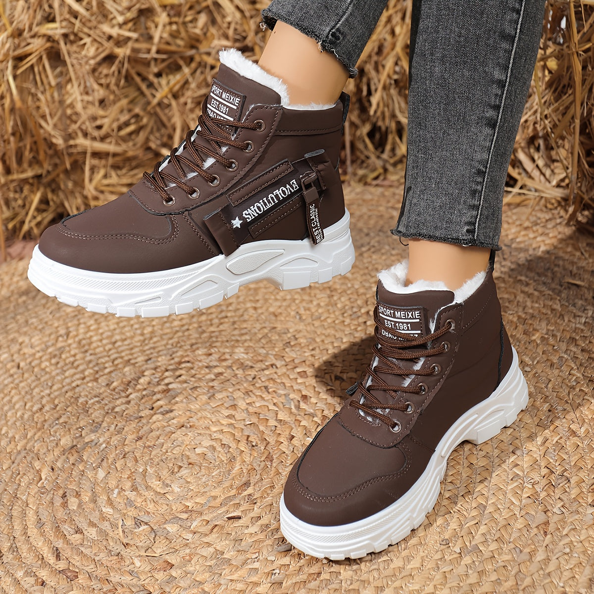 Women'S Winter Snow Boots - Plush Fleece Lined Thick Sole Lace-Up Ankle Boots with Rugged Rubber Outsole, Brown & White Color-Block Design for Outdoor Hiking & Casual Wear, Cold Weather Footwear, Stylish Footwear, Durable Con