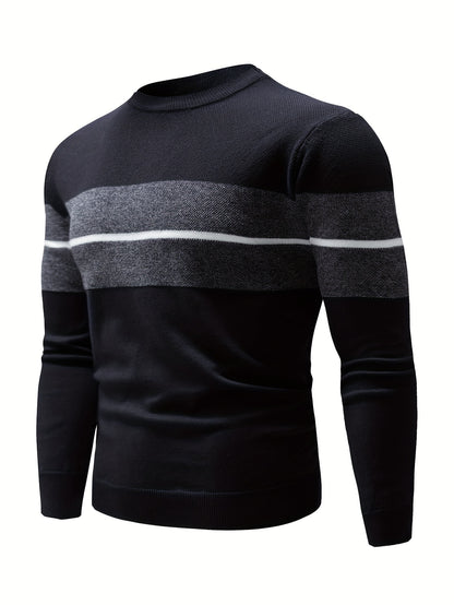 Men's Casual Round Neck Sweater - Two-Tone Color Block, 100% Polyester, Stretch Knit, Long Sleeve - Perfect for Fall/Winter
