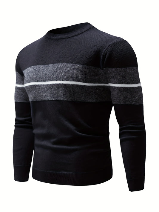 Men's Casual Round Neck Sweater - Two-Tone Color Block, 100% Polyester, Stretch Knit, Long Sleeve - Perfect for Fall/Winter