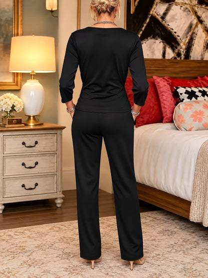 Women's Elegant Belted Top & Slim Fit Pants Set for Fall
