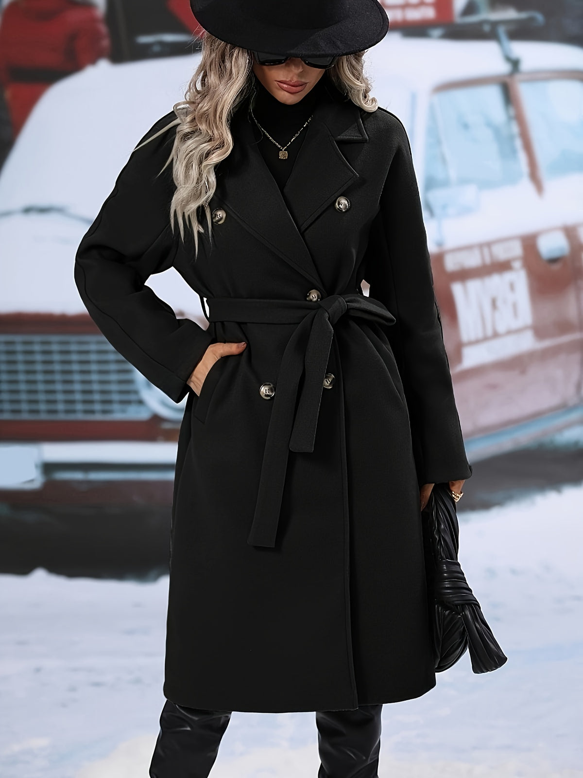 Women's Elegant Double-Breasted Tweed Overcoat with Tie Belt