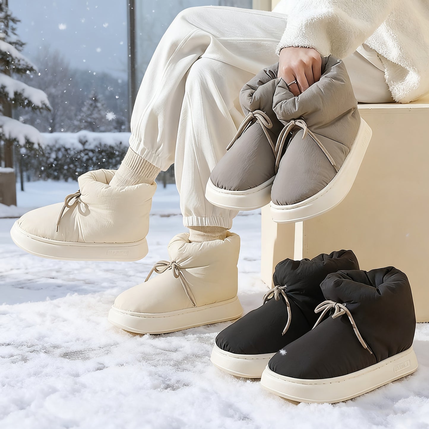 Տղամարդկանց և կանանց ձմեռային կոշիկներ՝ փափուկ աստառով, փափուկ գործվածքից պատրաստված վերին մասով և EVA ներբանով, կլոր քթով կարճ կոշիկներ՝ ներսի/դրսի համար, ունիսեքս առօրյա կոշիկներ՝ սև/մոխրագույն/մուգ կապույտ գույներով - All-Season Com