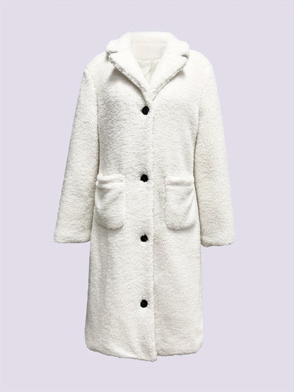 Women'S Elegant Long Faux Fur Coat - Plush Beige Double-Breasted Winter Coat with Button Details, Flap Pockets & Ribbed Cuffs, Stylish Fall/Winter Outerwear for Casual or Formal Outfits, Winter Coats And Vests, Formal Winter