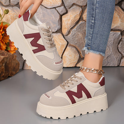 Women's Casual Lace-Up Sneakers - Breathable, Thick Sole, Round Toe, Faux Cover - White, High Top Sneakers
