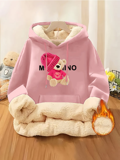 Women'S Thick Fleece Hooded Sweatshirt with Cute Bear Print & Plush - Cozy Winter Warmth, Drawstring Hood & Pockets, Casual Retro Style, Machine Washable For Fall/winter Commuting & Daily Wear, Winter Sweatshirt, Seasonal Fas