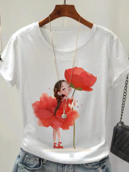 Women's Casual Cotton Crew Neck T-Shirt with Graphic Print