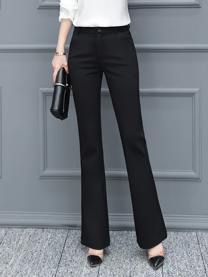 Women's Elegant Black Tailored Pants - High Waist, Straight Leg, Nylon Blend, Perfect for Spring & Fall, Zip Closure, Casual to Semi-Formal Wear, Casual to Formal Wear|Highwaist Trousers|Smooth Texture
