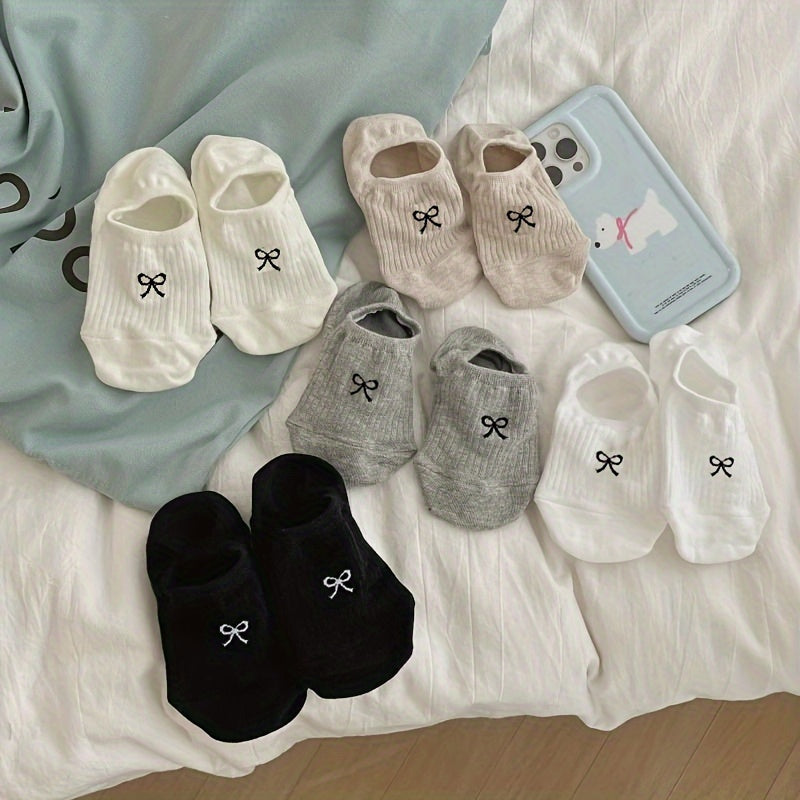 5 Pairs Bow Print Boat Socks, Cute & Sweet Low Cut Invisible Socks, Women's Stockings & Hosiery