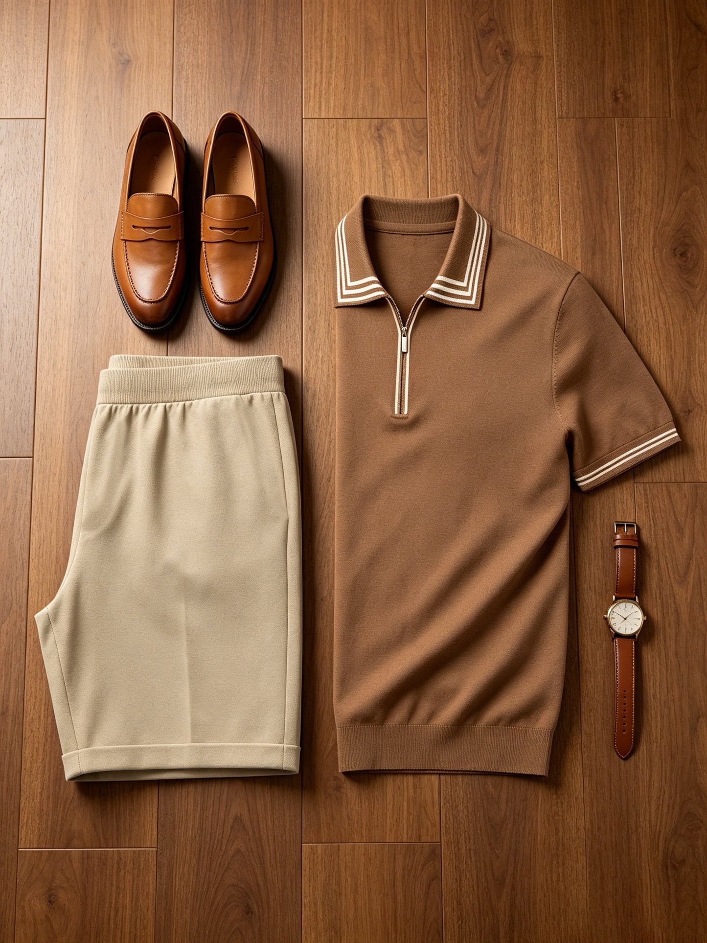 Men's Casual Striped Knit Polo & Lightweight Shorts Set