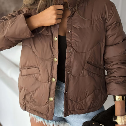 's Elegant Short Winter Jacket - Brown Full-Zip Coat with Golden-Tone Button Closure, Machine Washable Outerwear for Fall & Winter, Casual to Formal Wear (White/Pink/Black/Navy/ Brown) - Jacket Only