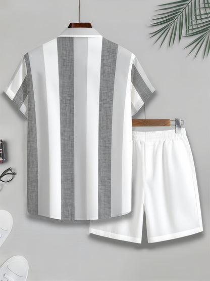 Men's Summer Casual Set: Gray White Stripe Shirt & White Shorts