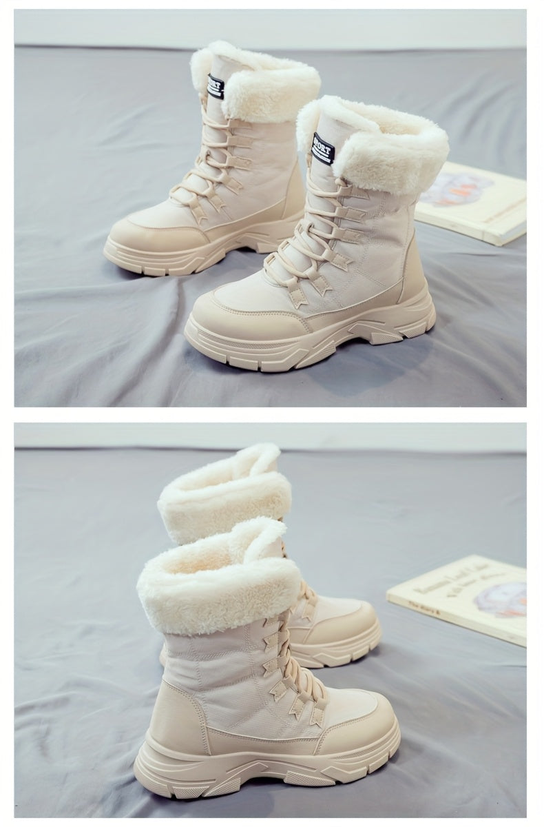 Women'S Winter Boots - Thick Platform Sole for Height & Traction, Lace-Up Mid-Calf Boots with PU Synthetic Cover Upper, Non-Slip PVC Outsole - Beige/White Cold Weather Shoes for Everyday, Formal, Party - Easy-Clean & Durable
