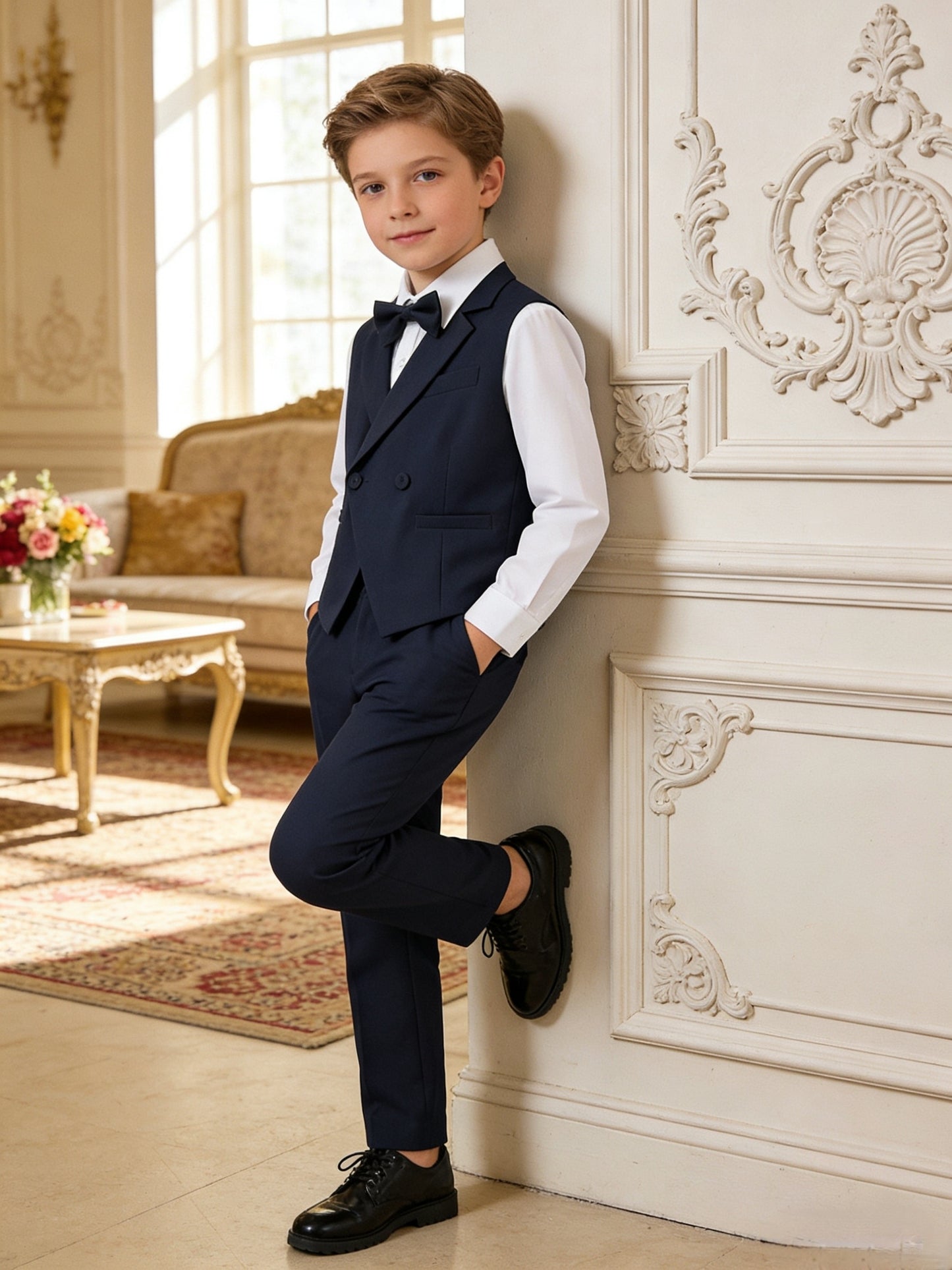 Boys' Lapel Vest Suit with Pants & Bow Tie - Formal Three-Piece Set