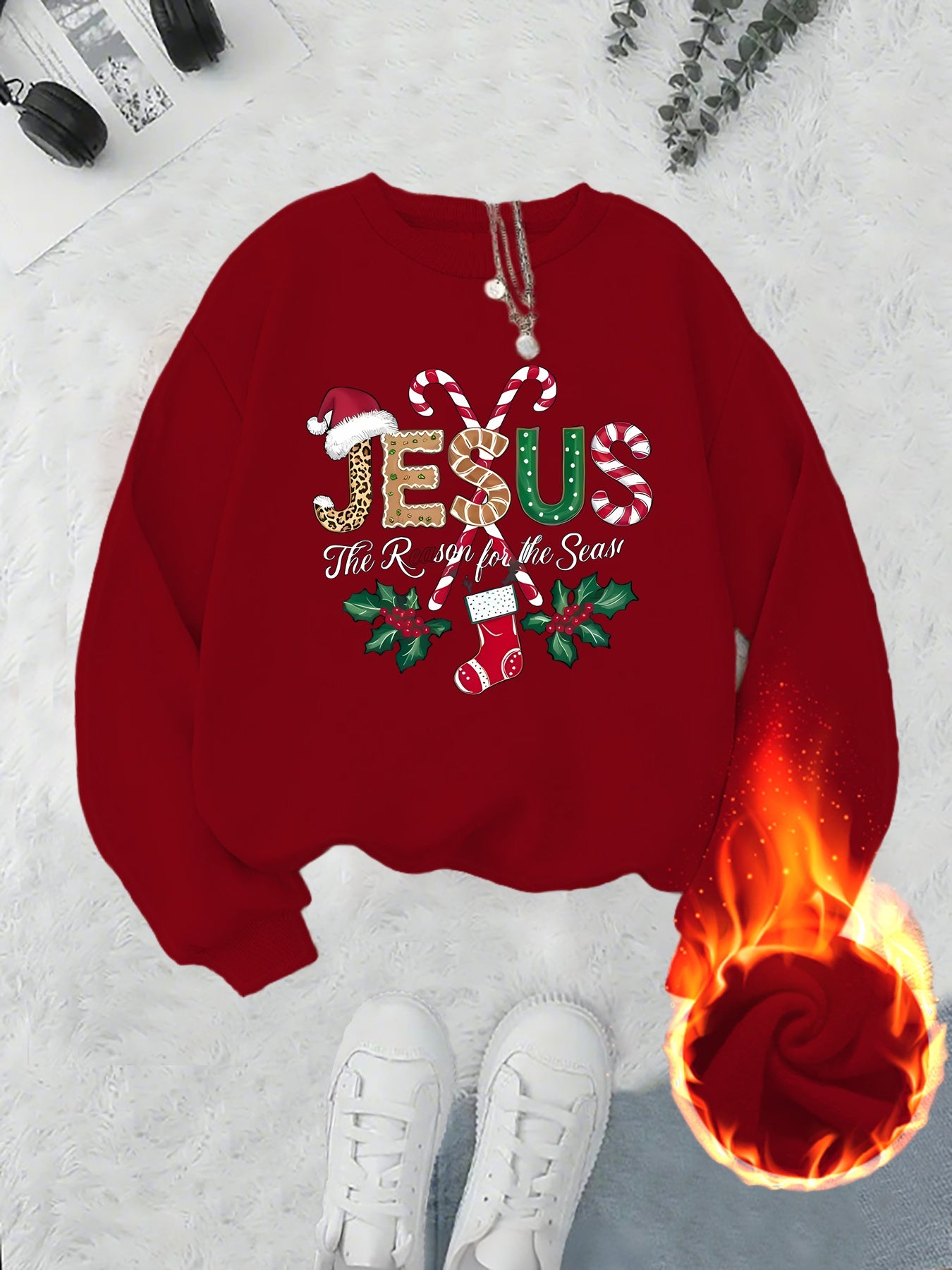 Women's Fleece-Lined Round Neck Pullover Sweatshirt - "JESUS" Christmas Print, Comfortable Loose Fit for All Seasons, Festive Holiday Design Casual Top