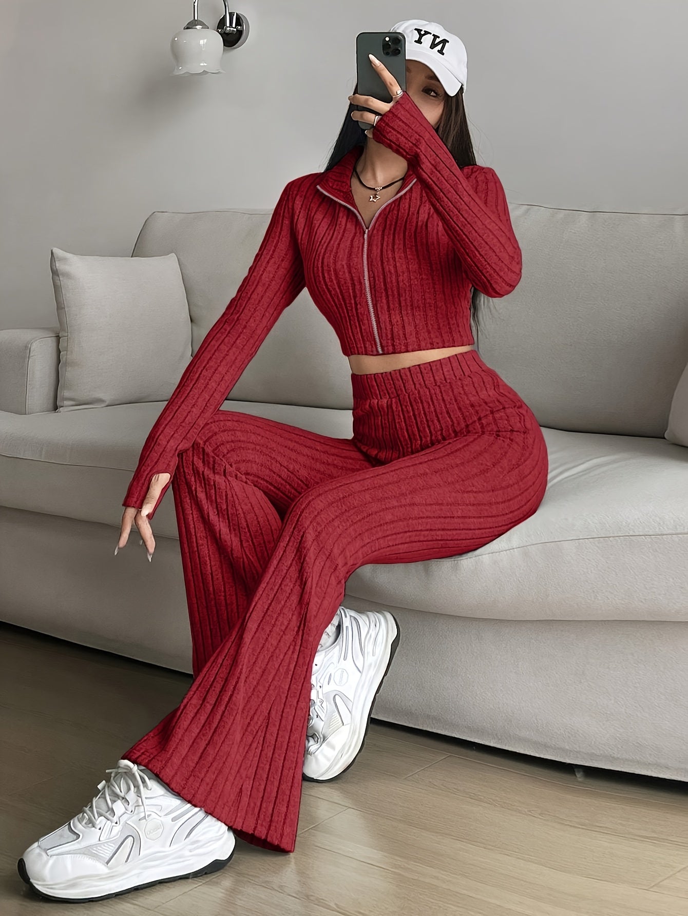 Elegant Zipper Cardigan & Wide Leg Pants Two-Piece Set