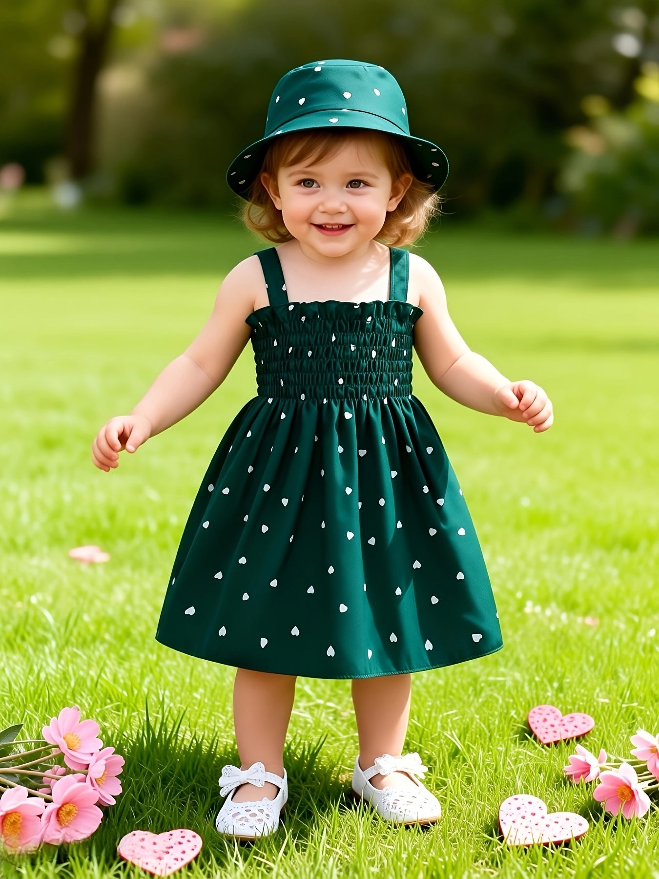 Girls' Sleeveless Heart-Print Dress & Hat Set for Summer 0-3 Years