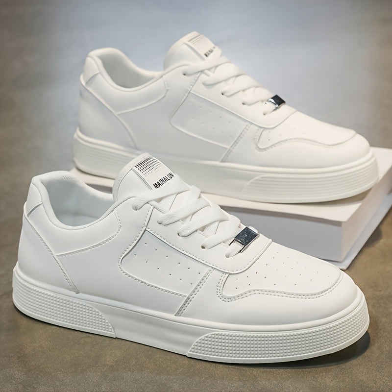 A Pair of Breathable Skate Shoes - Stylish White Low-Top Casual Sneakers with a Durable PU Upper And PVC Sole, Featuring Comfortable Laces, Suitable for All Seasons - ayq