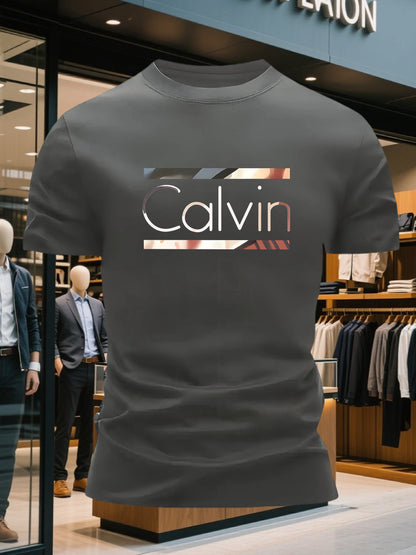 Men'S Bright Pink CALVI Graphic T-Shirt - Soft Breathable 100% Cotton Crewneck Tee, Everyday Casual Shirt for Office, Outings  Gym - Minimalist Modern Top, Comfortable Clothing, Stylish Letter Print, Durable Fabric, Short Sl