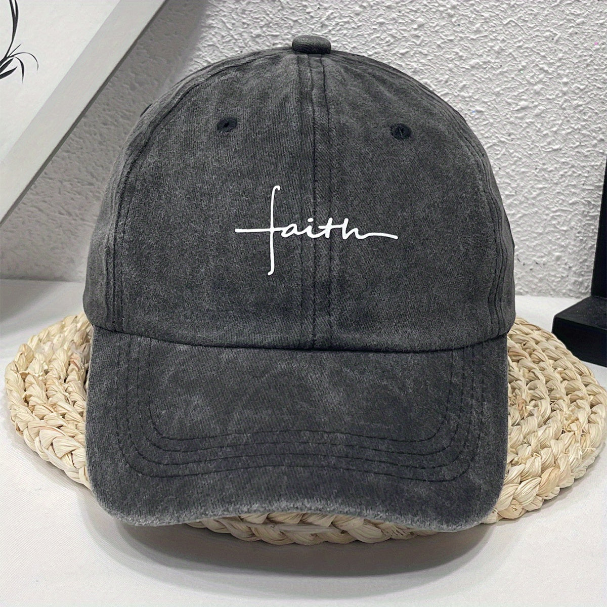 Vintage Street Style Water Wash Denim Polyester Baseball Cap, Faith Print, for Men, Women