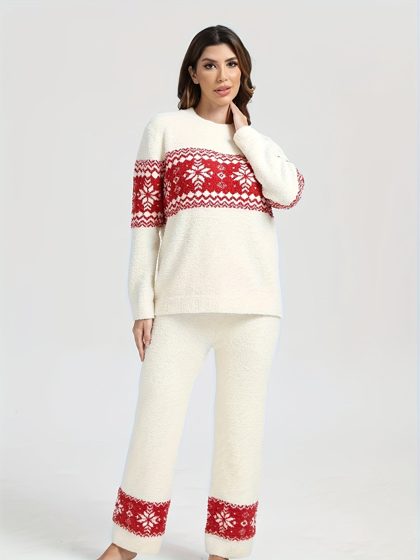 Կանացի աշնանային/ձմեռային տնային հագուստի փափուկ, տաք, նորաձև, Սուրբ Ծննդյան, ձնծաղիկի տեսքով երկար թևքերով տաբատների հավաքածու 2 հատ