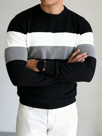Men's Slim Fit Color Block Crew Neck Sweater for Fall/Winter