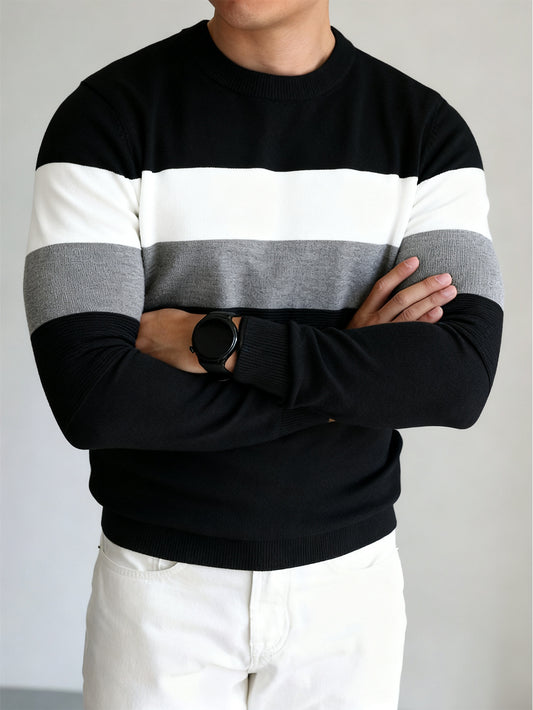 Men's Slim Fit Color Block Crew Neck Sweater for Fall/Winter