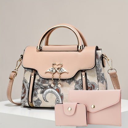 Կանացի պայուսակների հավաքածու՝ երեք հատից բաղկացած. տպագիր ուսի պայուսակներ, ոճային ձեռքի պայուսակներ և բազմակողմանի ուսապարկեր՝ մարմնին կպցնելու համար