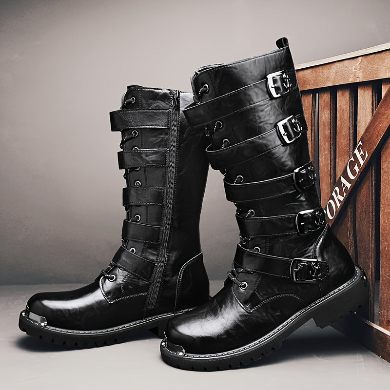 Men's Stylish PU Leather Boots with Zipper and Buckle