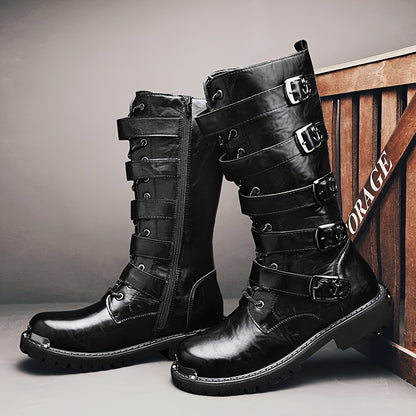 Men's Stylish PU Leather Boots with Zipper and Buckle