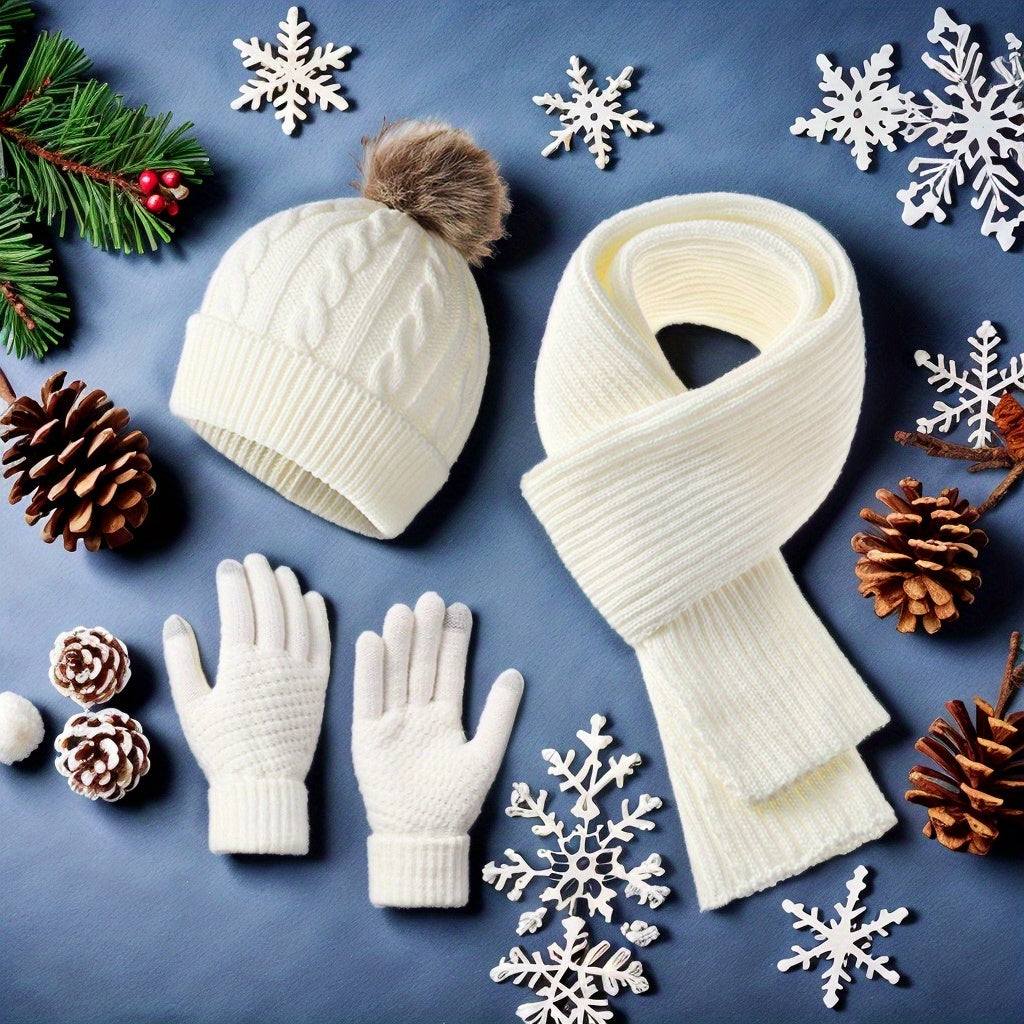 3pcs Set - Adult Warm Set Winter Hat Scarf Gloves, a Three-In-One Comfortable Set Integrating Hat And Scarf, Cold And Frost Protection, Suitable for Daily Commute, Shopping And Outdoor Activities