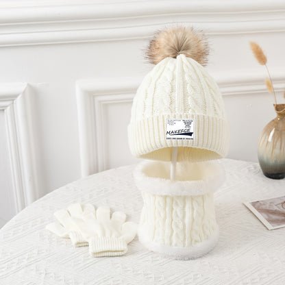 Youngsters's Autumn and Winter Warm Knitted Hat, Scarf, and Gloves Three-Piece Set for Boys and Girls - Cold Protection Outfit
