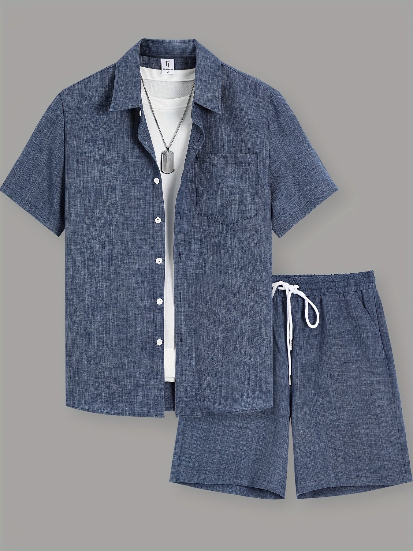 Men'S Summer Casual Short Sleeve Shirt and Drawstring Shorts Set, Solid Color, Lapel Collar, Button Detail, Regular Fit, 100% Polyester, Woven Fabric, Medium Stretch
