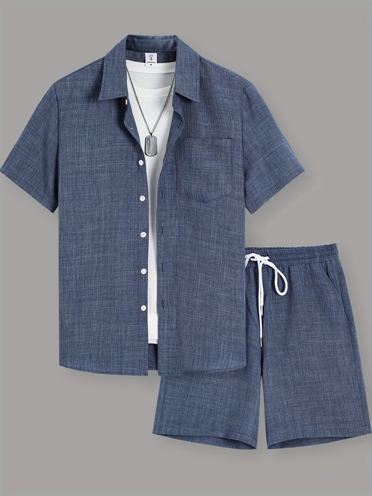 Men'S Summer Casual Short Sleeve Shirt and Drawstring Shorts Set, Solid Color, Lapel Collar, Button Detail, Regular Fit, 100% Polyester, Woven Fabric, Medium Stretch