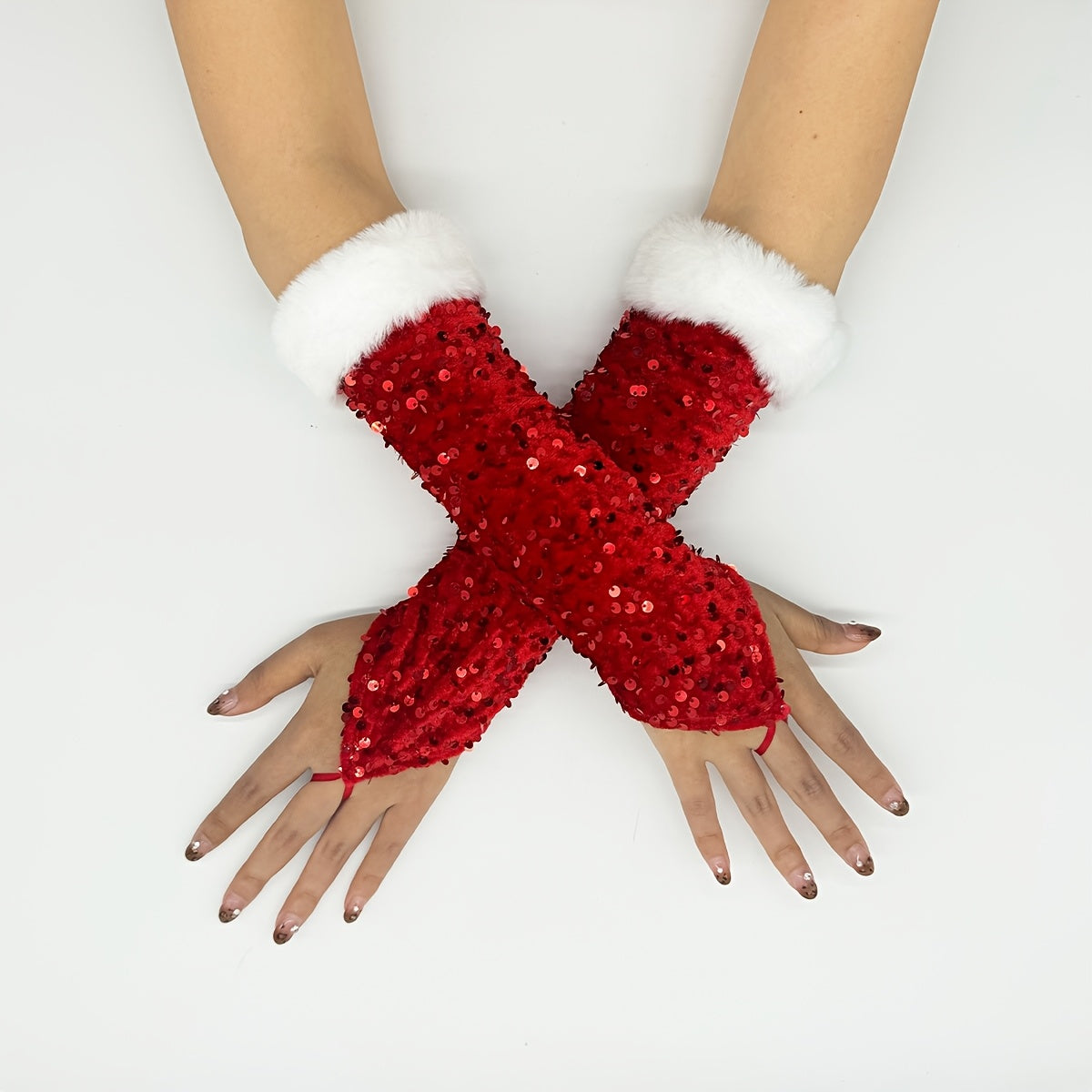 's Sparkling Red Sequin Long Gloves with White Cuff & Elastic Wrist - Glittering Fingerless Gloves for Christmas, New Year's Eve, Prom, Costume Parties - Elegant Performance Accessory (No Feathers/-Free)