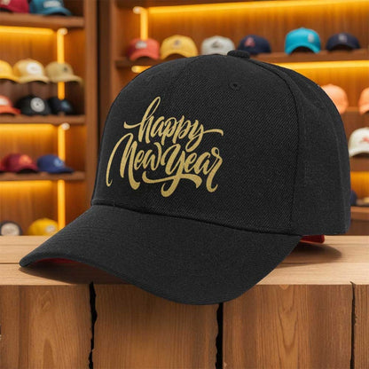 Men's Happy New Year Print Trucker Hat - Breathable Lightweight All-Season Cap with Golden Lettering & Confetti Design, Black & Golden Party Hat for Christmas, New Year's Eve, Mardi Gras - Machine Washable Casual Sport Cap fo