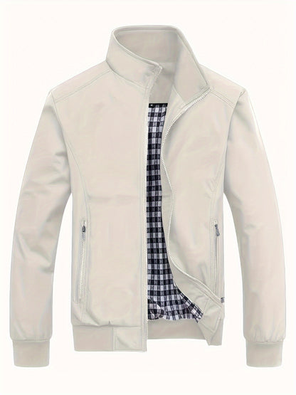 Men's Long Sleeve Zip Up Stand Collar Coat, Business Stand Collar Jacket With Zipper Pockets, Spring Autumn Men's Clothing
