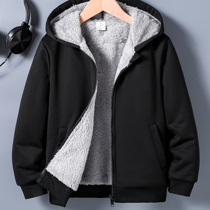 Boys' Cozy & Stylish Black Hooded Jacket - Soft, Casual Zip-Up Cardigan with Pockets, Polyester Blend, Perfect for Fall/Winter Comfort, Outdoor Youngsters Apparel|Hooded Cardigan|Machine Washable Fabric, Boy Jacket