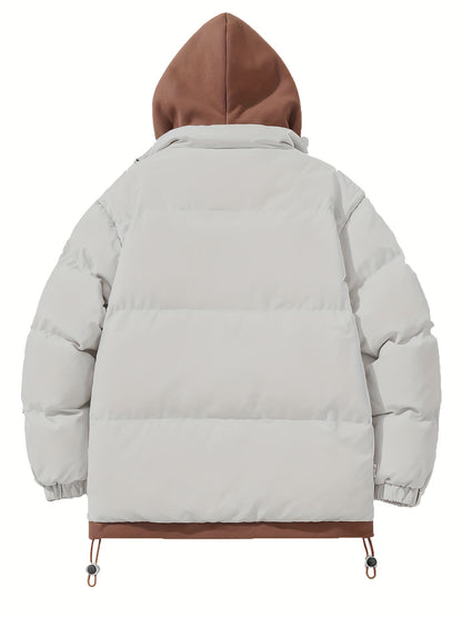 Men's Autumn and Winter Casual Fashion Faux Two-Piece Outerwear, Trendy Thickened Warm Comfortable Hooded Jacket