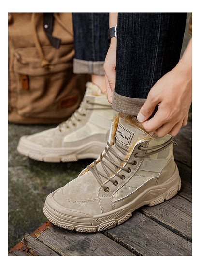 Men's High-Top Winter Boots with -Like Collar & - Heavy-Duty PU Upper, PVC Sole, Beige/Tan Lace-Up Snow Boots for Ice, Slush,, Outdoor (Warm Cold Weather Footwear)