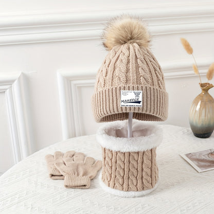 Youngsters's Autumn and Winter Warm Knitted Hat, Scarf, and Gloves Three-Piece Set for Boys and Girls - Cold Protection Outfit
